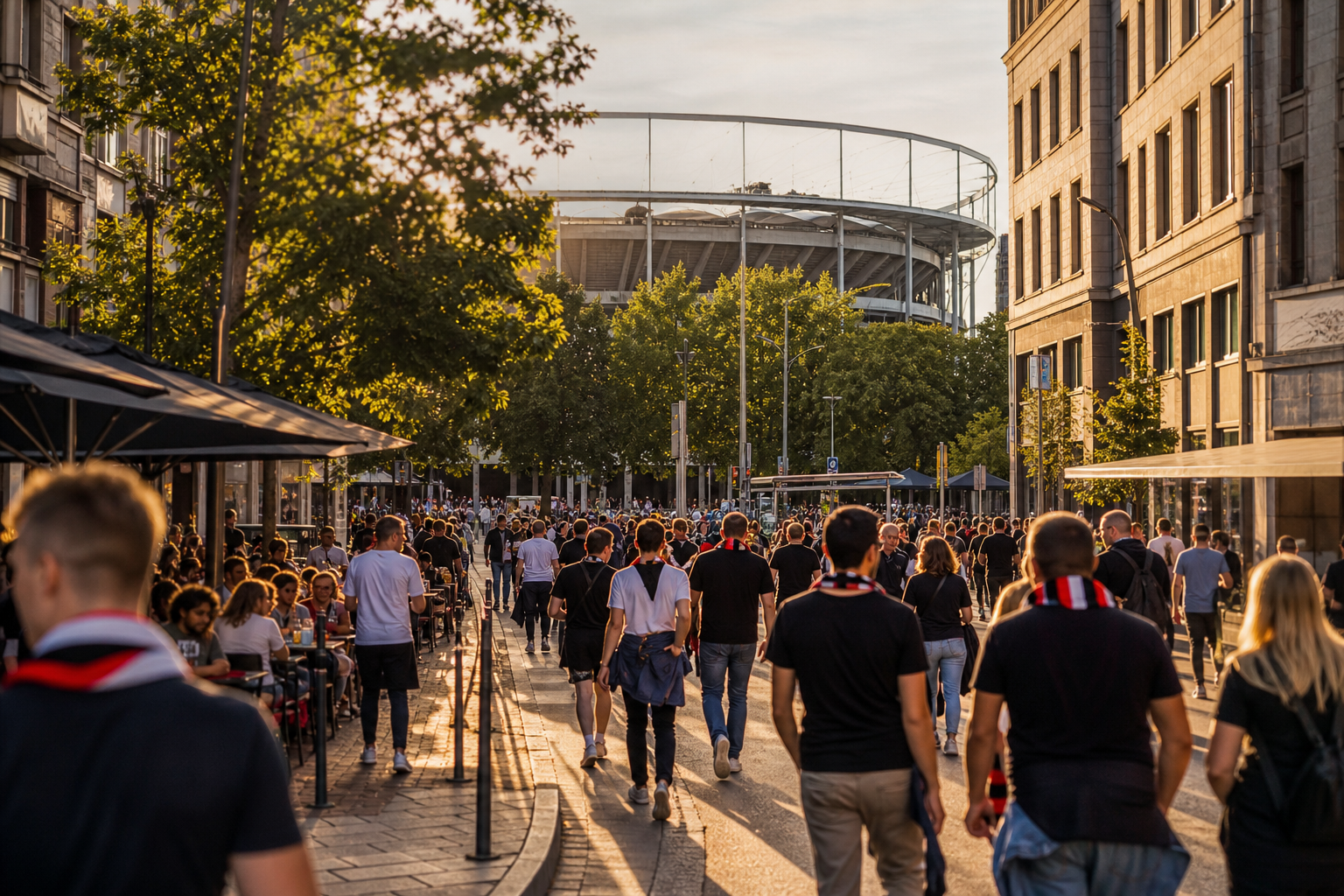 Eintracht fans in black and red approaching Deutsche Bank Park on match day