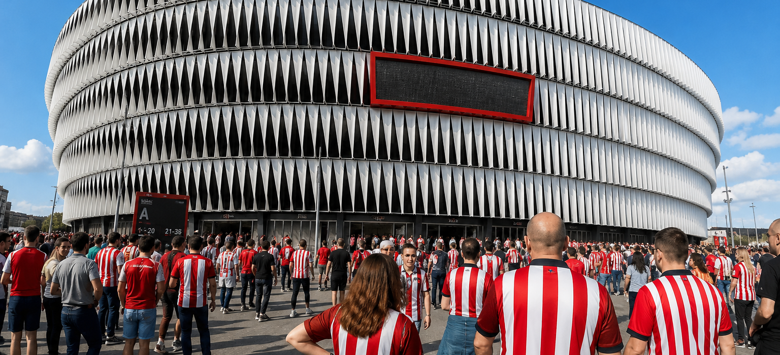 San Mamés stadium lit up before an Athletic Club La Liga match in Bilbao