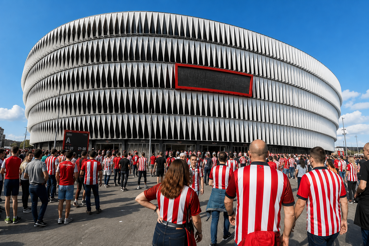 San Mamés stadium lit up before an Athletic Club La Liga match in Bilbao