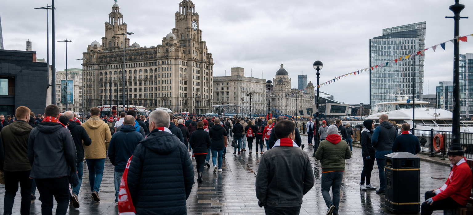 Liverpool waterfront skyline with football fans crossing toward a derby match