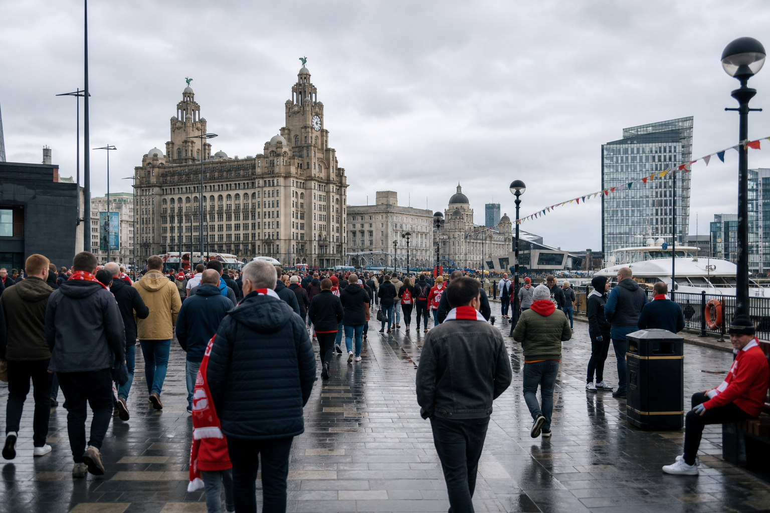 Liverpool waterfront skyline with football fans crossing toward a derby match