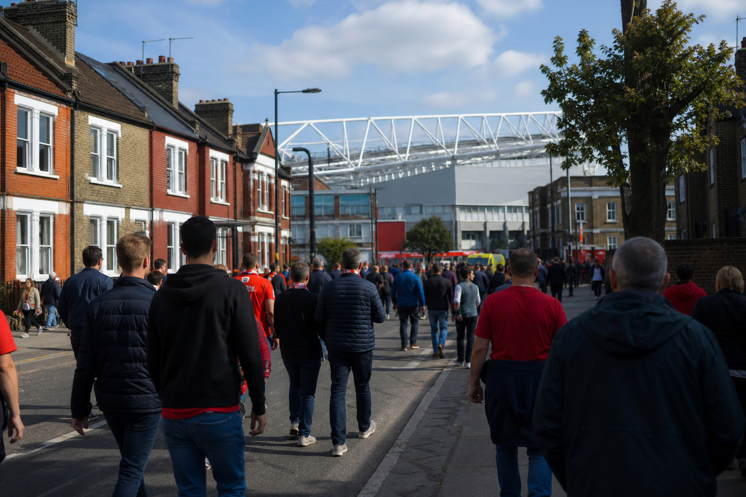 Supporters walking a London street toward a stadium on match day