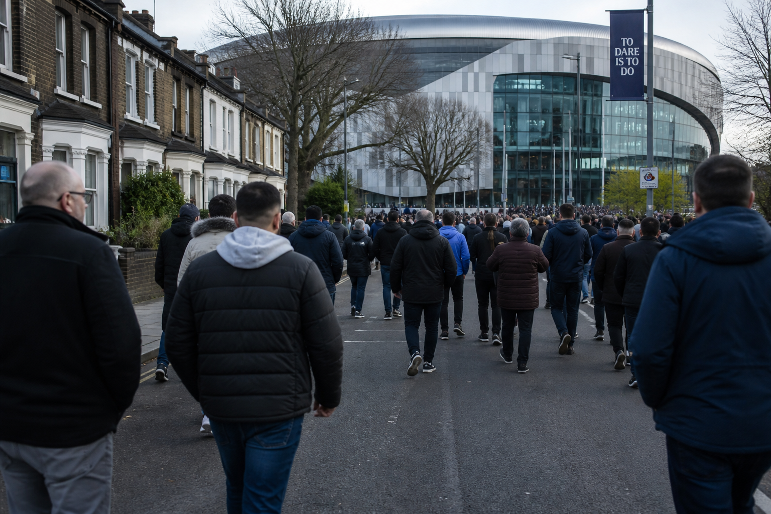 Travelling fans arriving at Tottenham Hotspur Stadium in north London