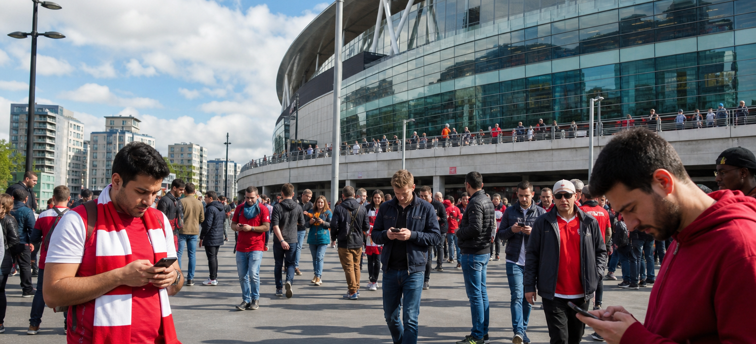 Fans in red and white outside Emirates Stadium checking phones before kick-off