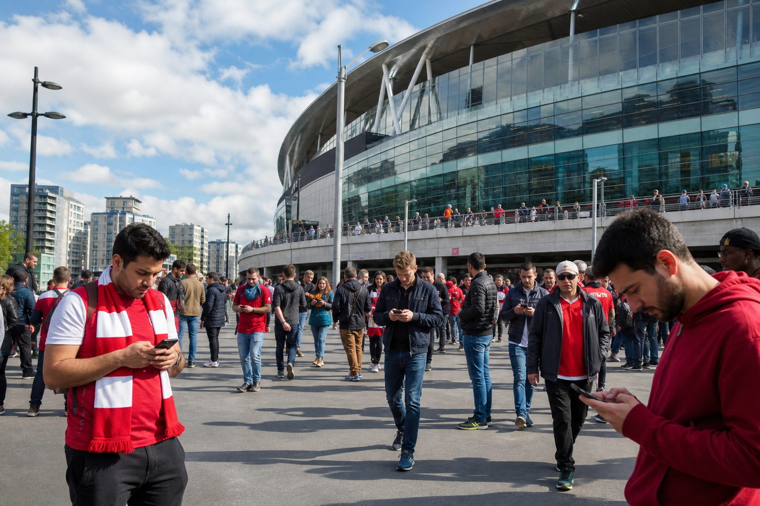 Fans in red and white outside Emirates Stadium checking phones before kick-off