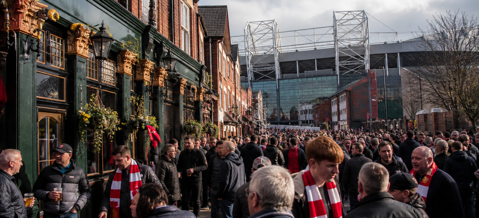 Busy pub street near a football stadium with supporters gathering before kick-off