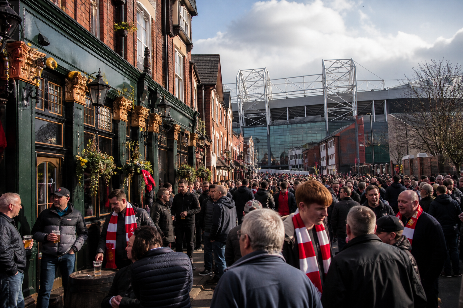 Busy pub street near a football stadium with supporters gathering before kick-off