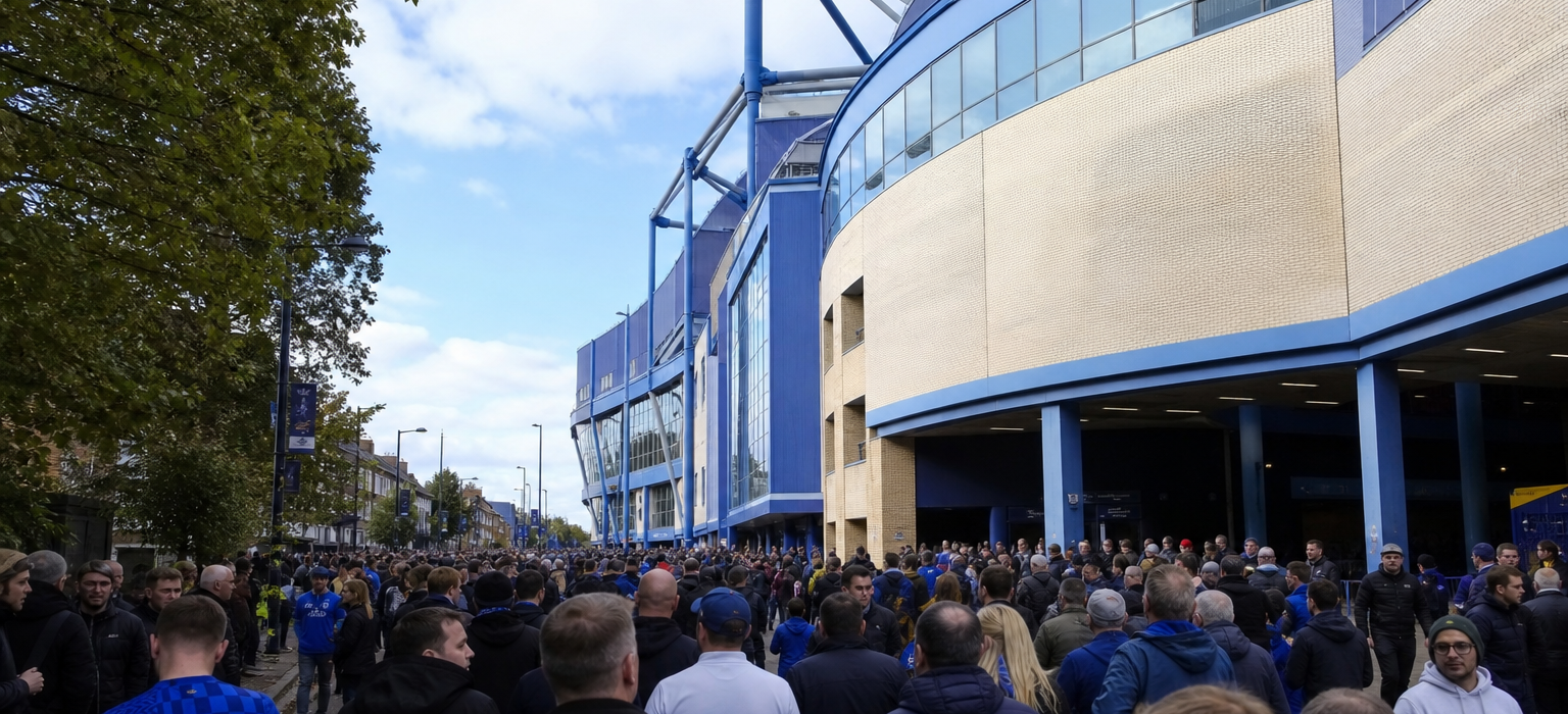 Stamford Bridge exterior on Chelsea FC match day in west London