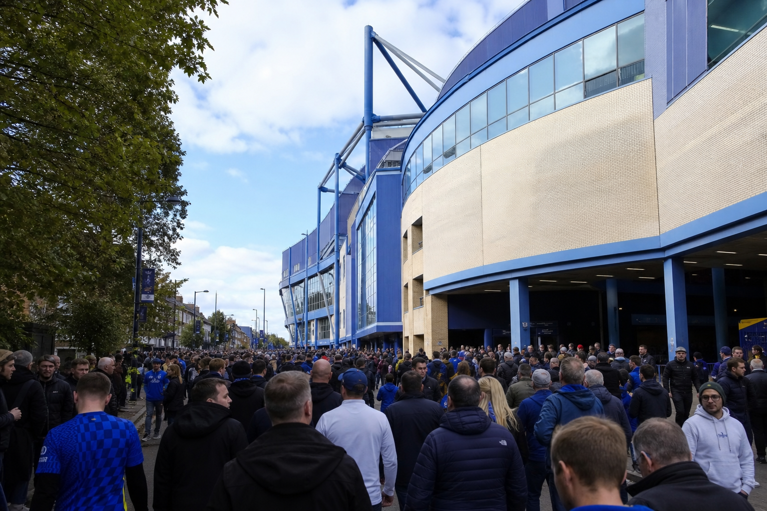 Stamford Bridge exterior on Chelsea FC match day in west London