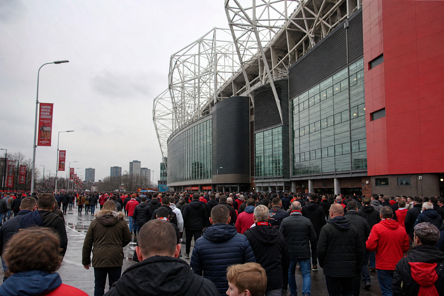 Old Trafford stadium exterior on Manchester United match day