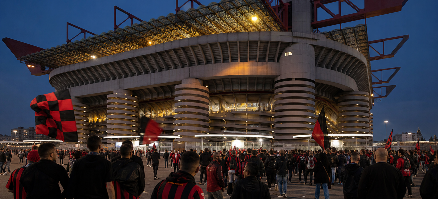 San Siro stadium exterior with Rossoneri supporters arriving before kick-off