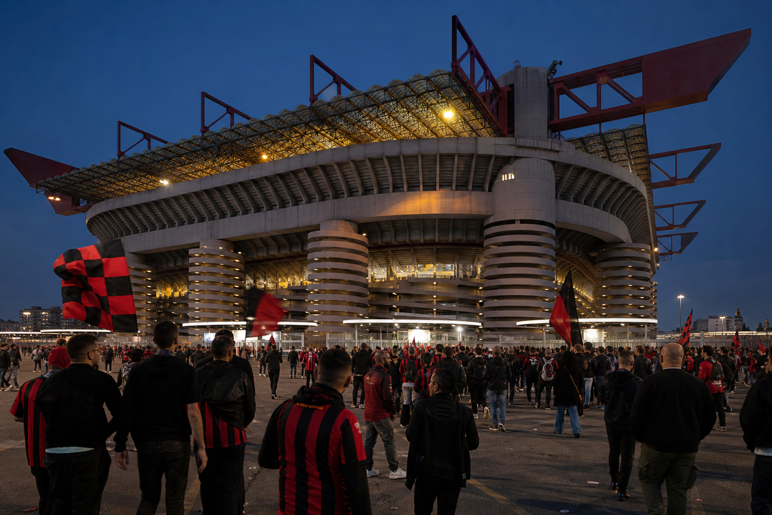 San Siro stadium exterior with Rossoneri supporters arriving before kick-off