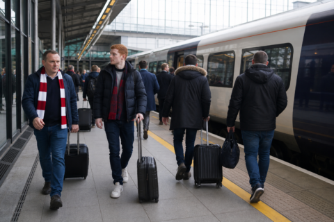 London transport scene with football fans heading from airport toward a stadium