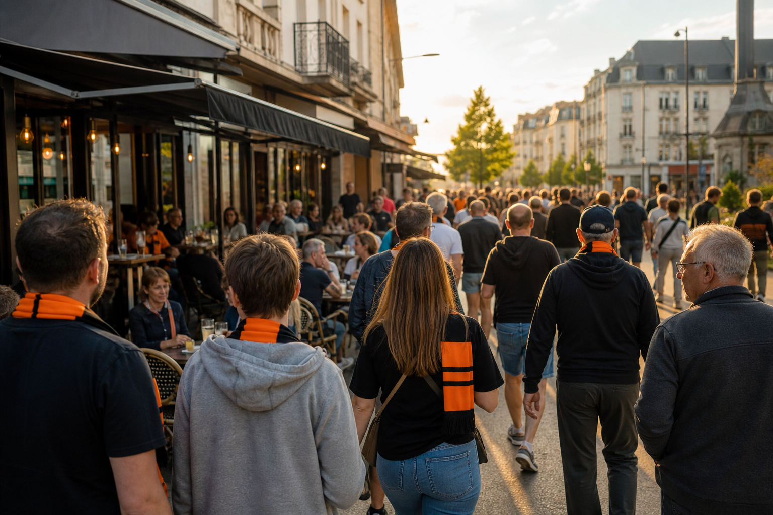 Fans heading to Stade du Moustoir for Lorient football on the Brittany coast