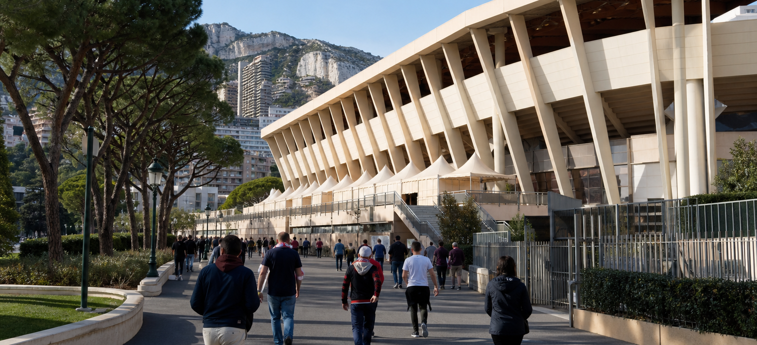 Stade Louis II exterior on AS Monaco Ligue 1 match day in Monaco
