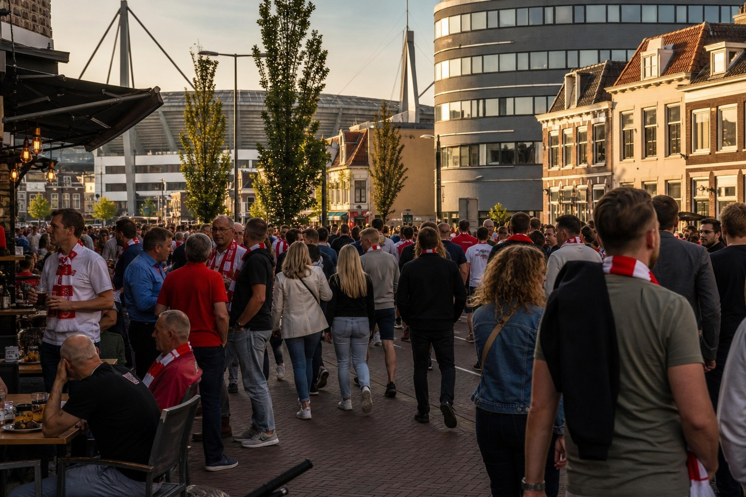PSV fans in red and white gathering near Philips Stadion on match day