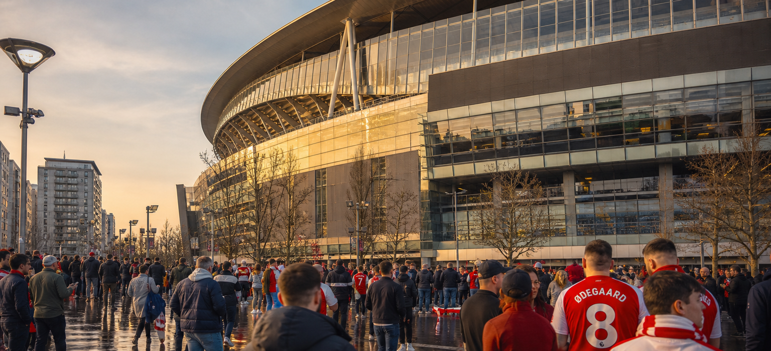 Exterior view of Emirates Stadium with fans in red and white gathering before kick-off