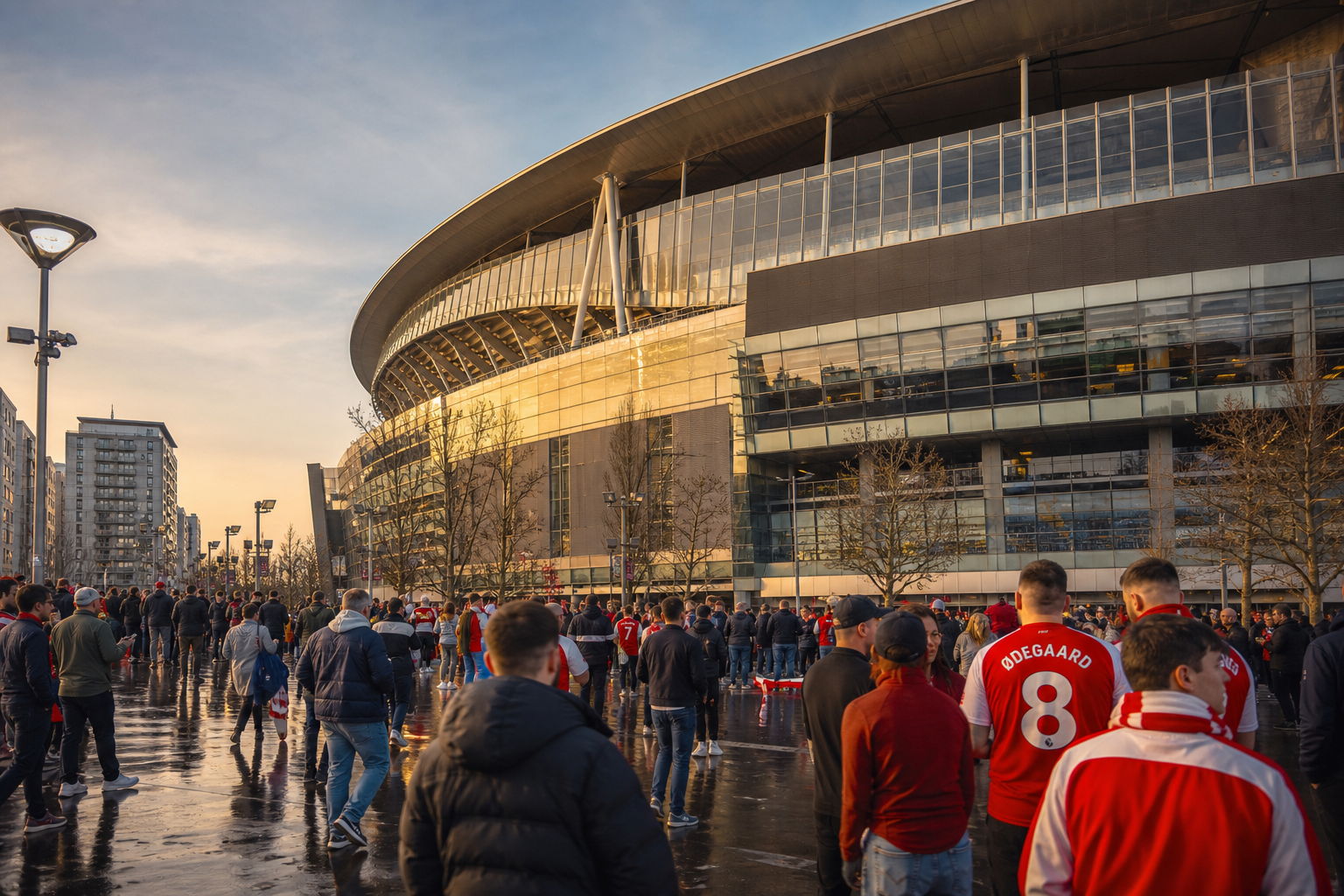 Exterior view of Emirates Stadium with fans in red and white gathering before kick-off