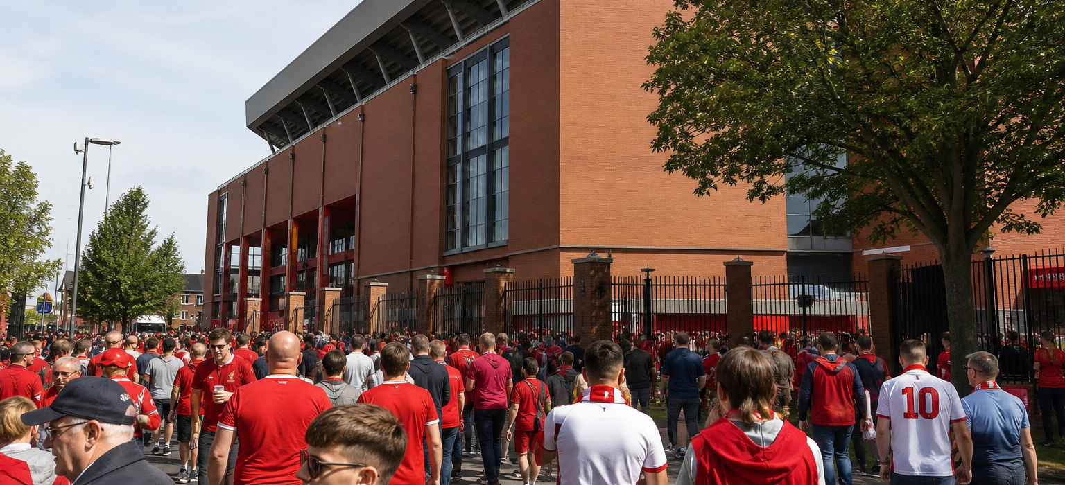 Anfield stadium exterior on Liverpool match day