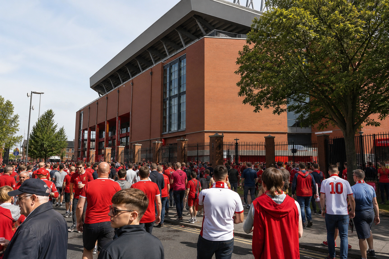 Anfield stadium exterior on Liverpool match day