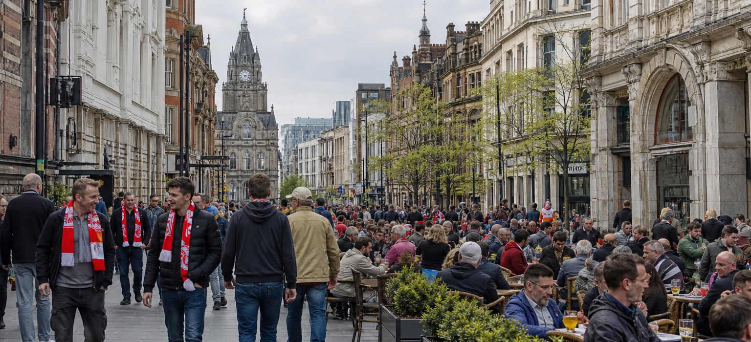 Liverpool city weekend scene with football fans planning a two-match trip