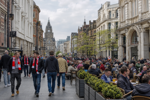 Liverpool city weekend scene with football fans planning a two-match trip
