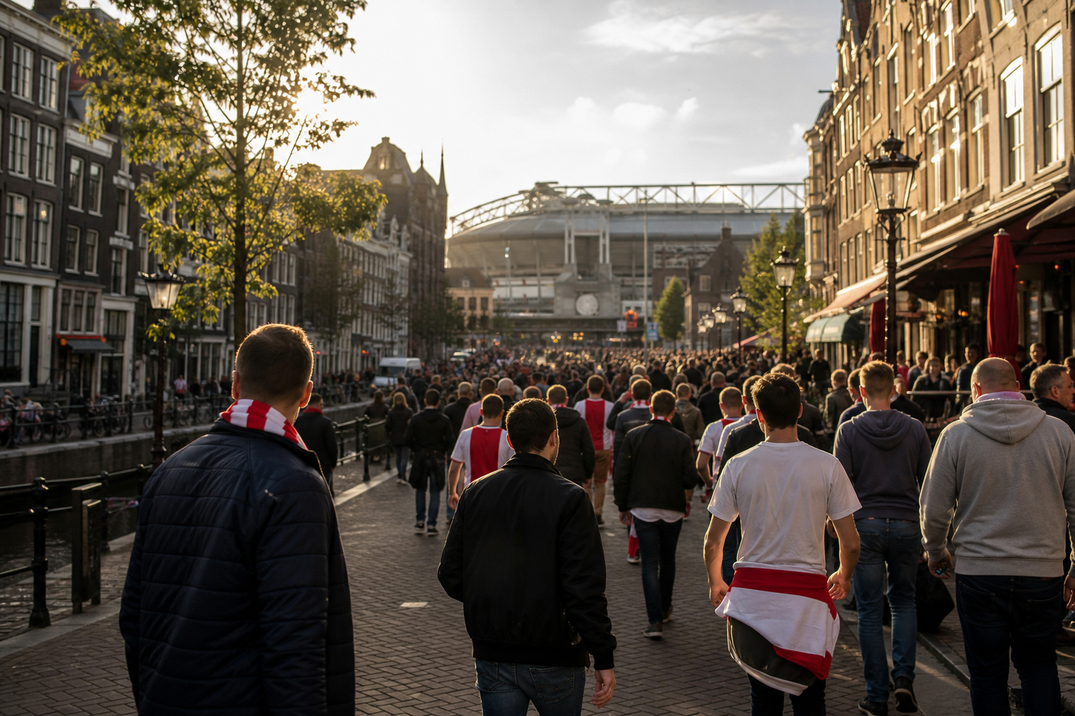 Ajax fans in club colours gathering near the Arena on match day
