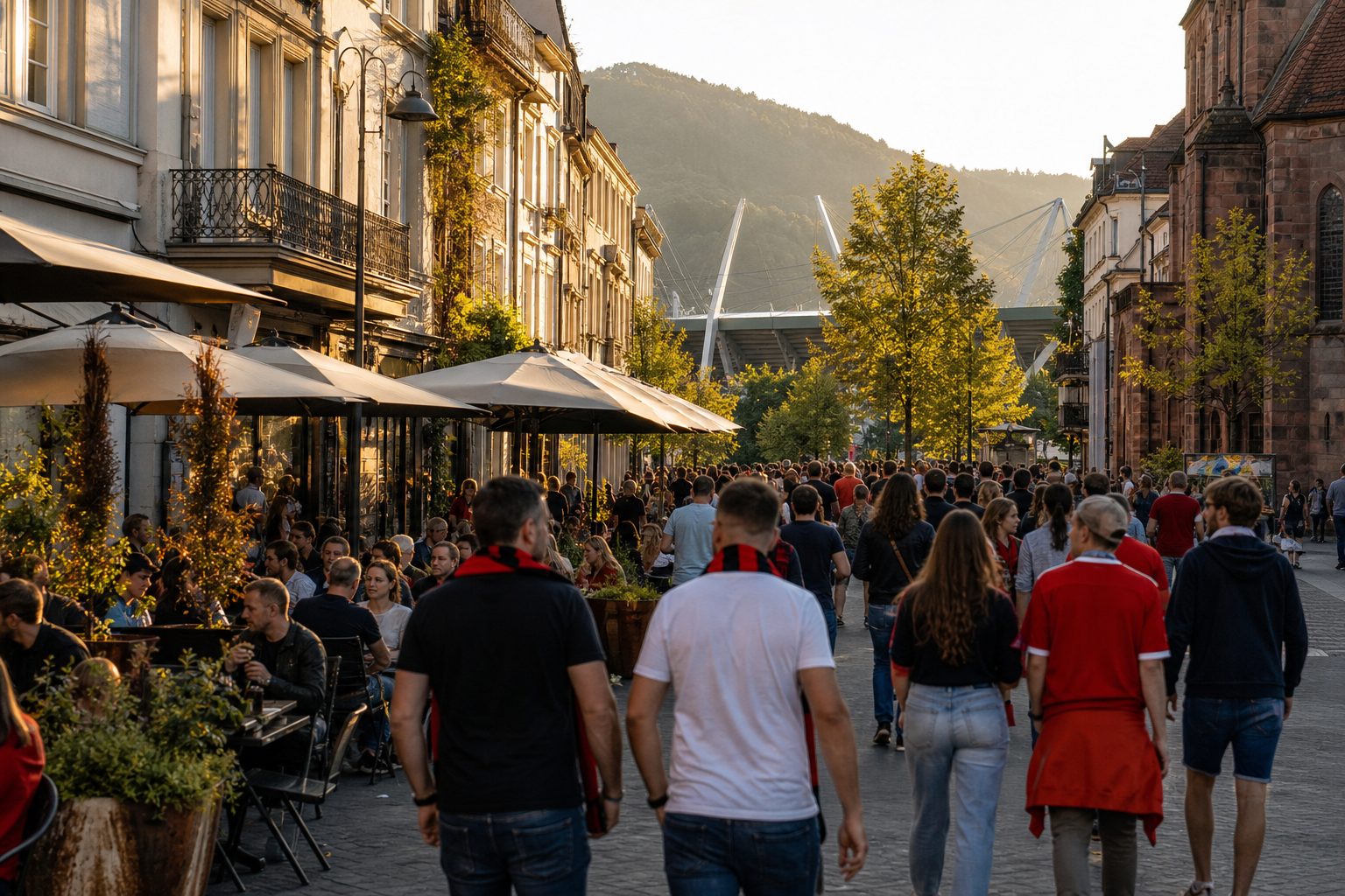 Travelling fans heading to Europa-Park Stadion for a Bundesliga game in Freiburg