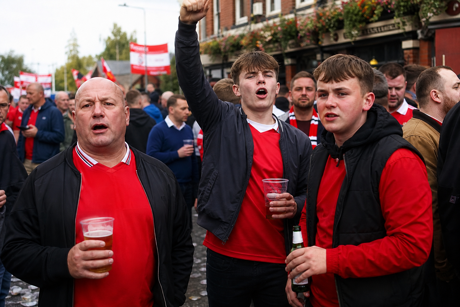 Travelling fans walking toward Old Trafford before kick-off