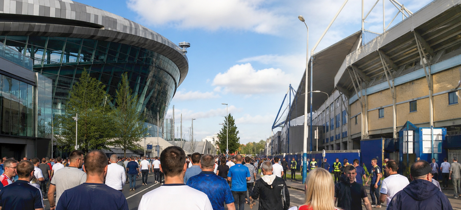 Split-scene feel of two London stadium exteriors on the same weekend with fans in different club colours