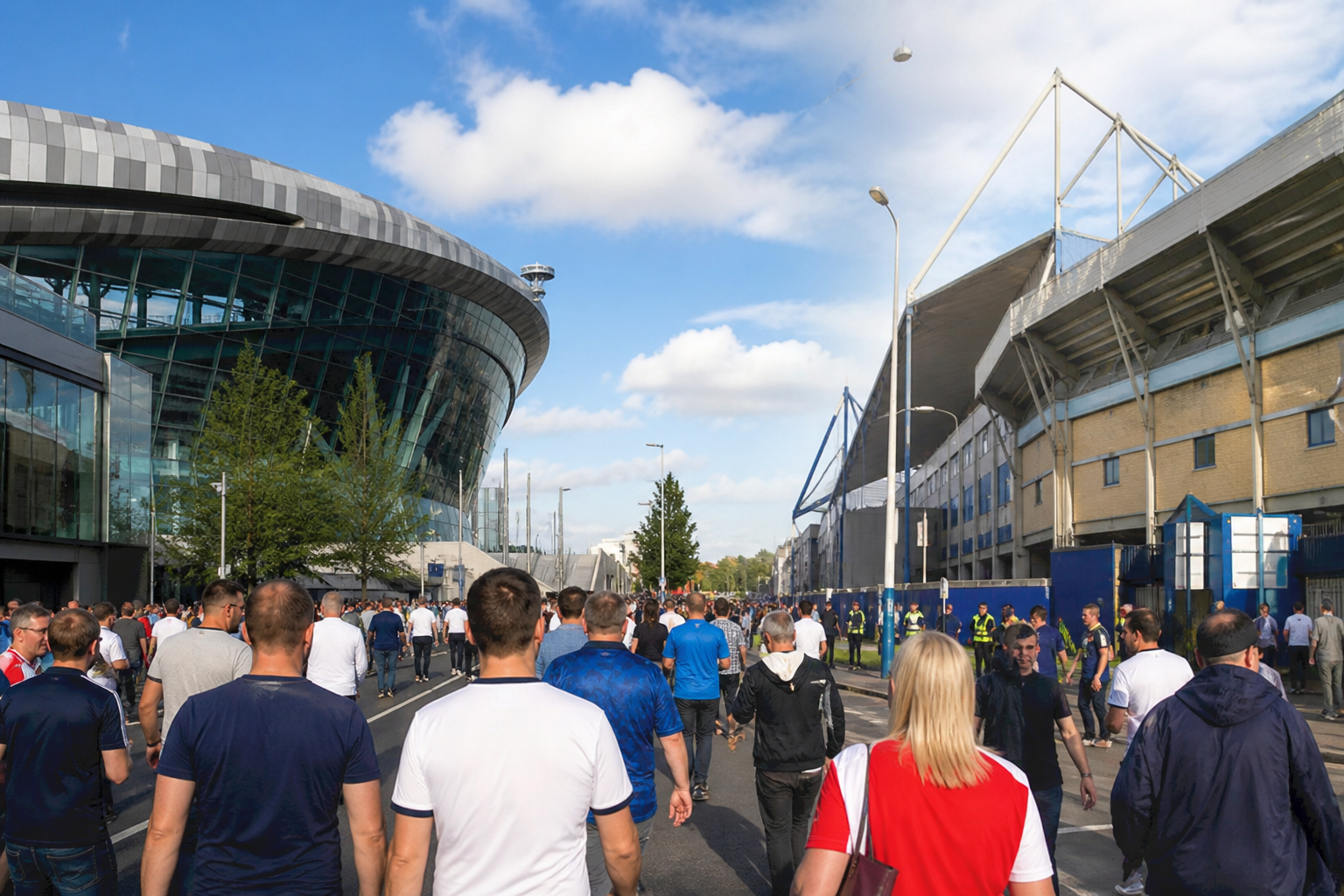 Split-scene feel of two London stadium exteriors on the same weekend with fans in different club colours