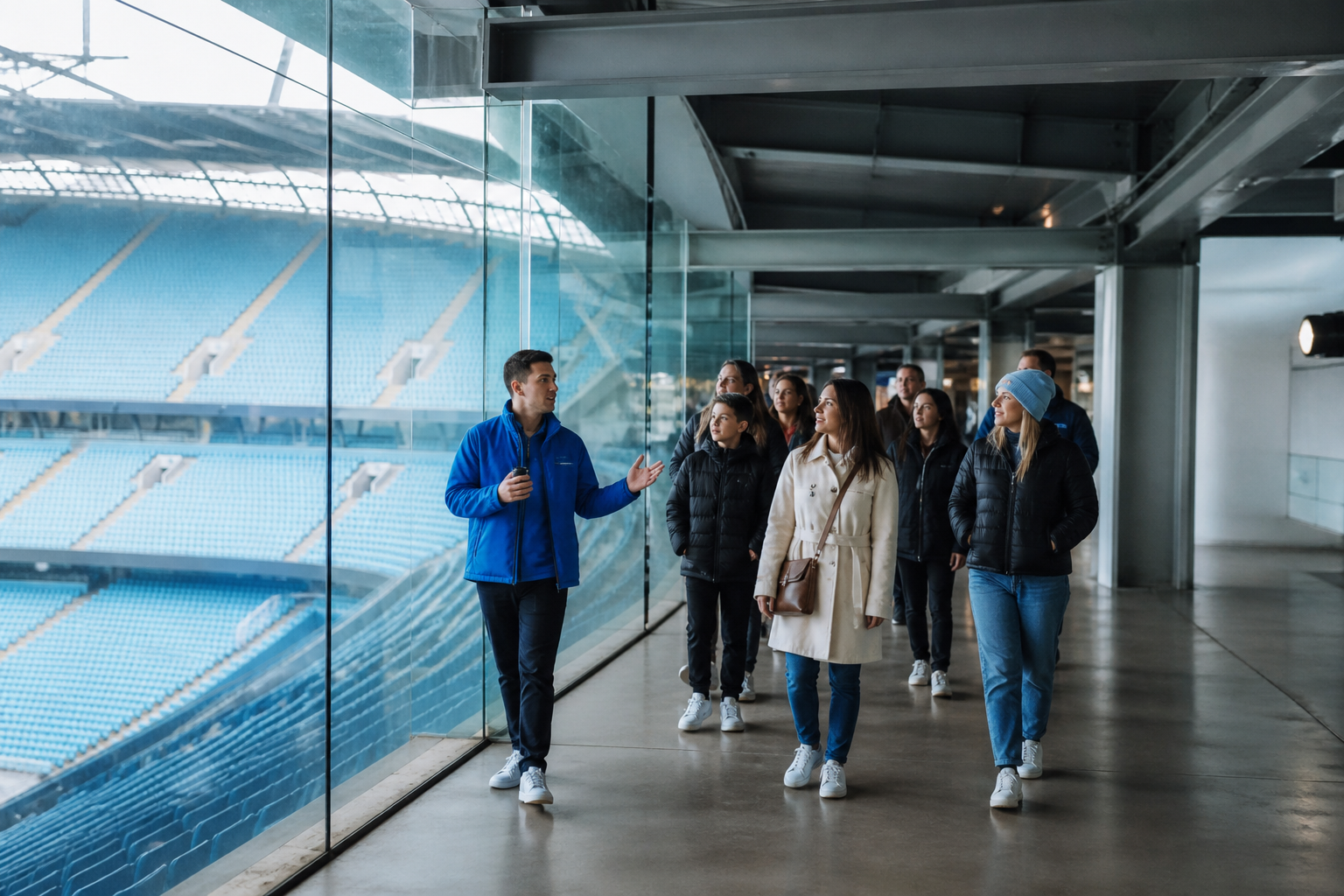 Etihad Stadium tour group walking through the modern stand concourse