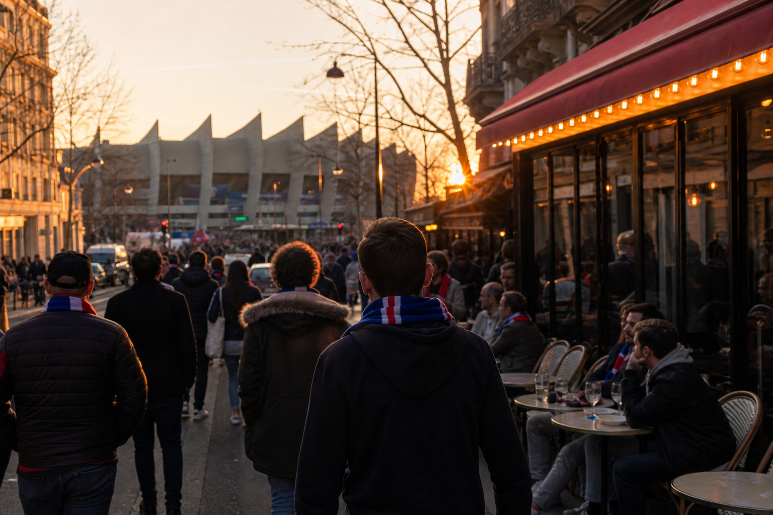 PSG fans in blue and red gathering near Parc des Princes on match day