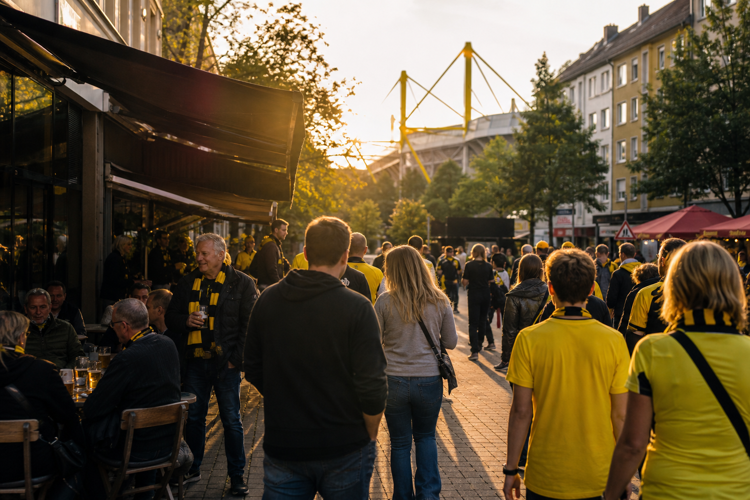 Dortmund fans in yellow and black gathering near Signal Iduna Park on match day