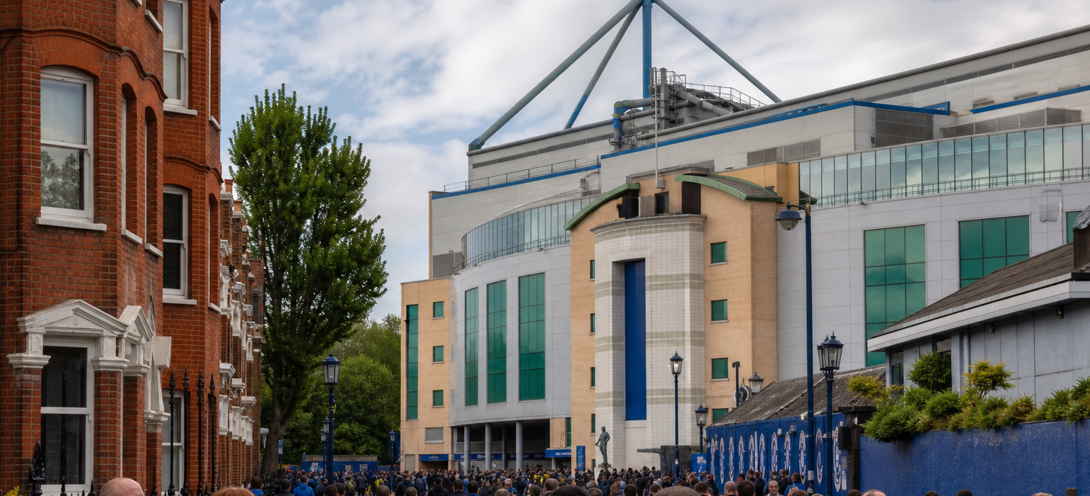 Stamford Bridge stadium entrance with Chelsea fans gathering on Fulham Road