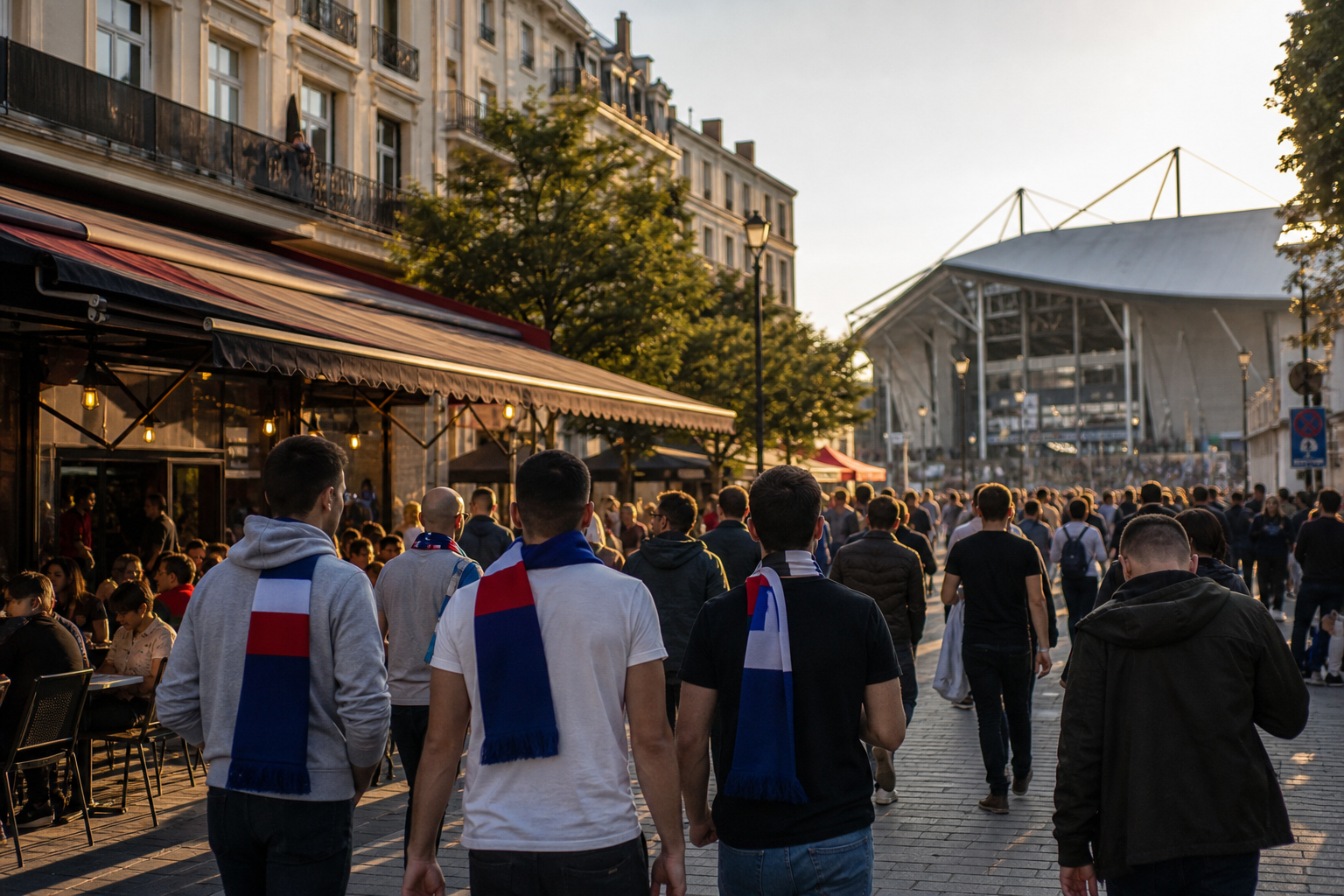 OL fans in white and red gathering near Groupama Stadium on match day