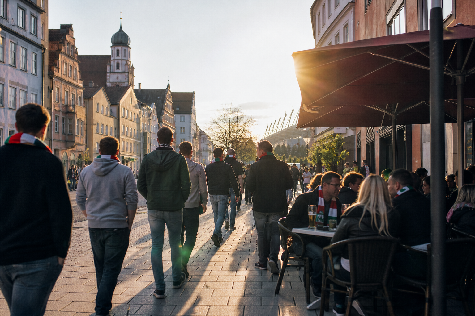 Travelling fans arriving at WWK Arena for a Bundesliga game in Augsburg