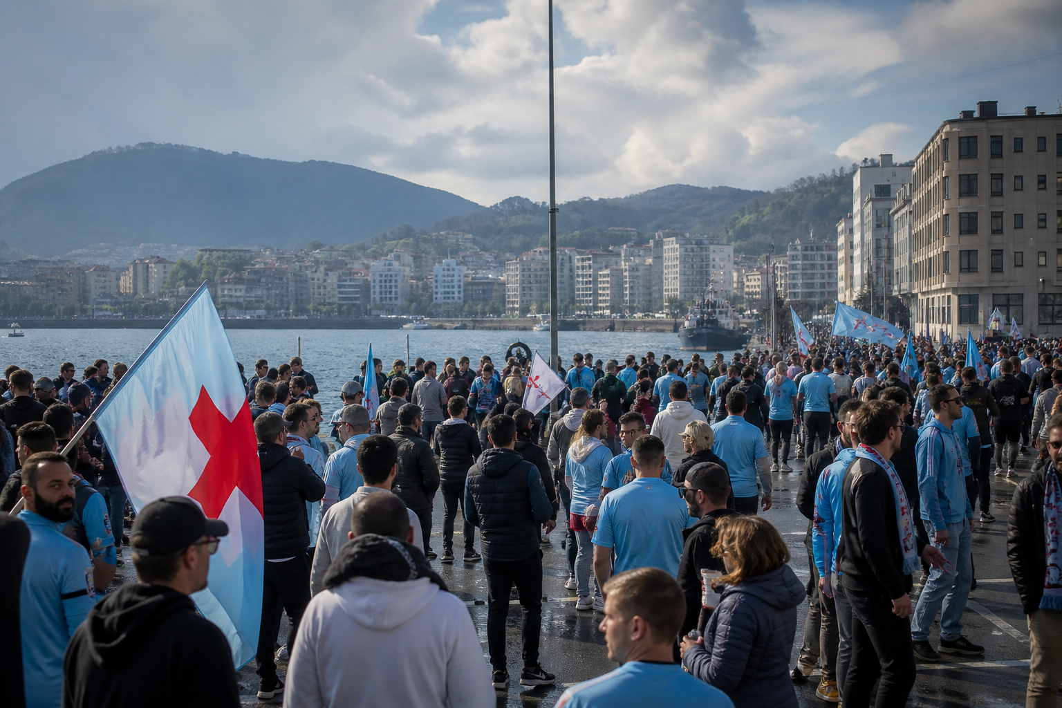 Celta Vigo fans in sky-blue colours near Balaídos on match day