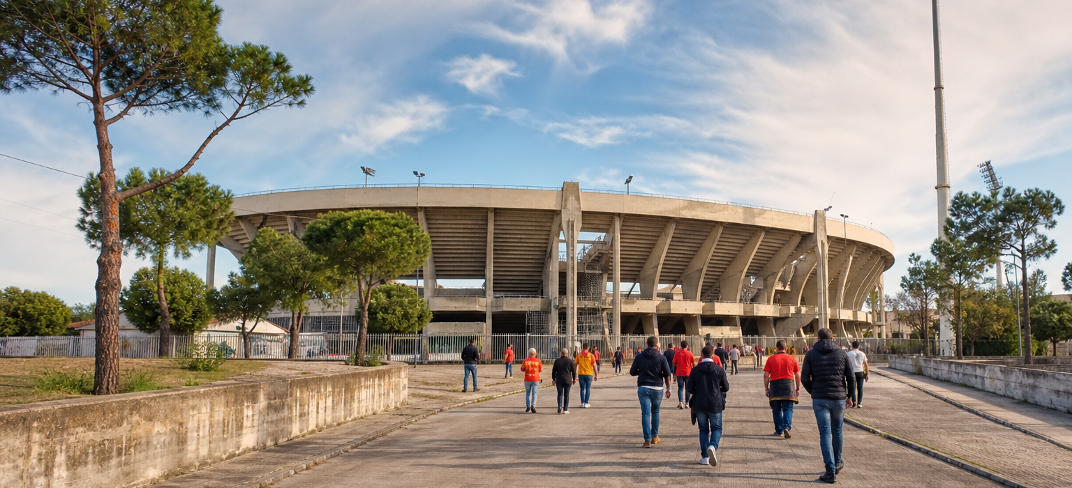 Stadio Via del Mare exterior ahead of a Lecce Serie A match in Puglia