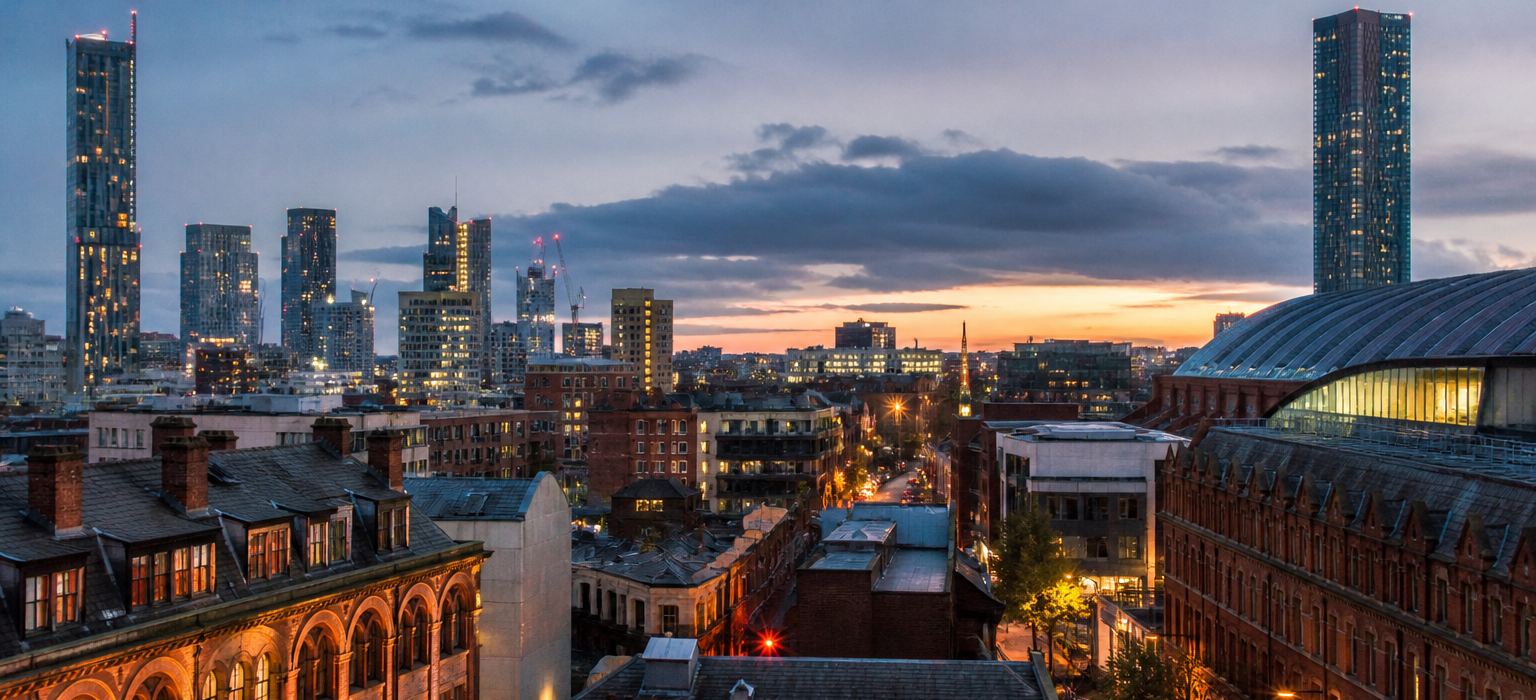 Manchester city skyline with football fans arriving at Piccadilly station