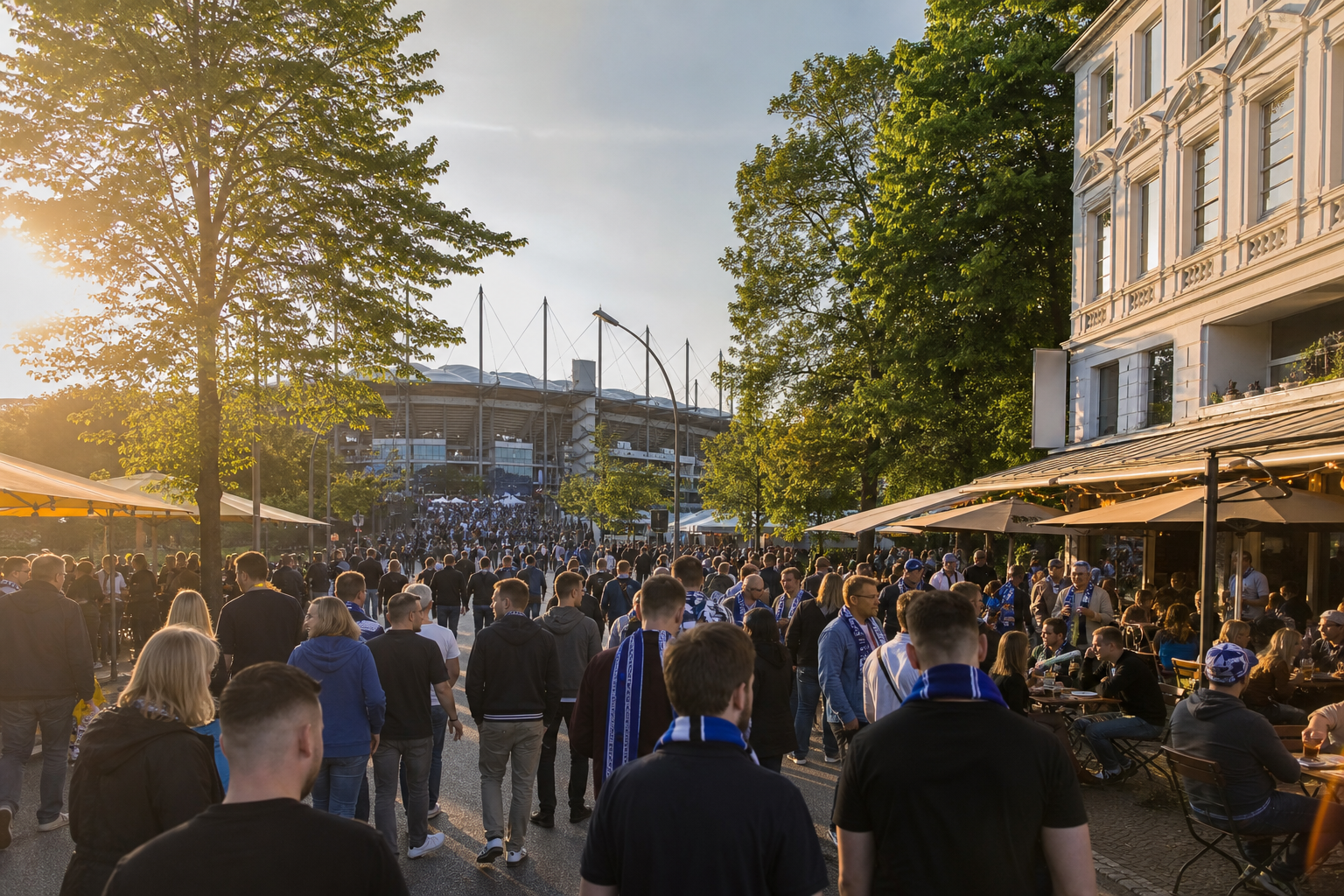 HSV fans in blue-white-black colours gathering near Volksparkstadion on match day
