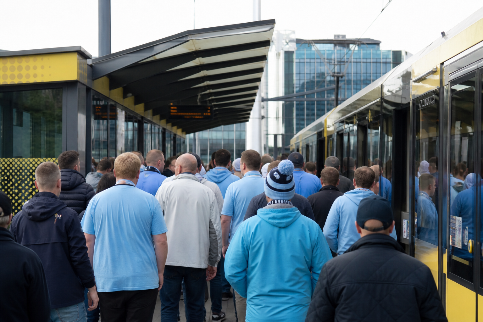 Sky-blue Manchester City supporters on Metrolink to Etihad Campus