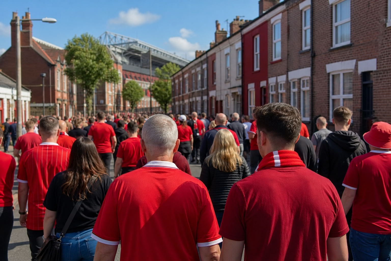 Travelling fans approaching Anfield along the Kop side streets