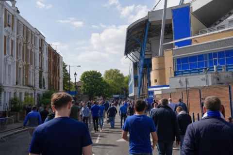 Stamford Bridge approach on Fulham Road with Chelsea fans before kick-off