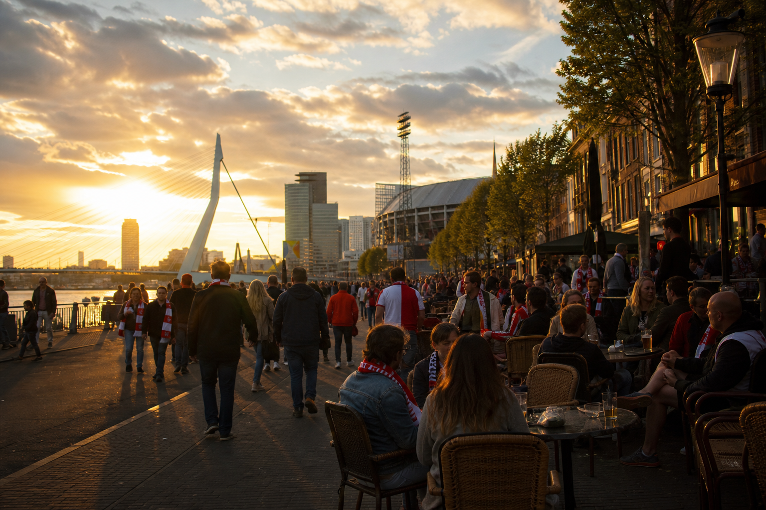 Feyenoord fans in red and white gathering near De Kuip on match day