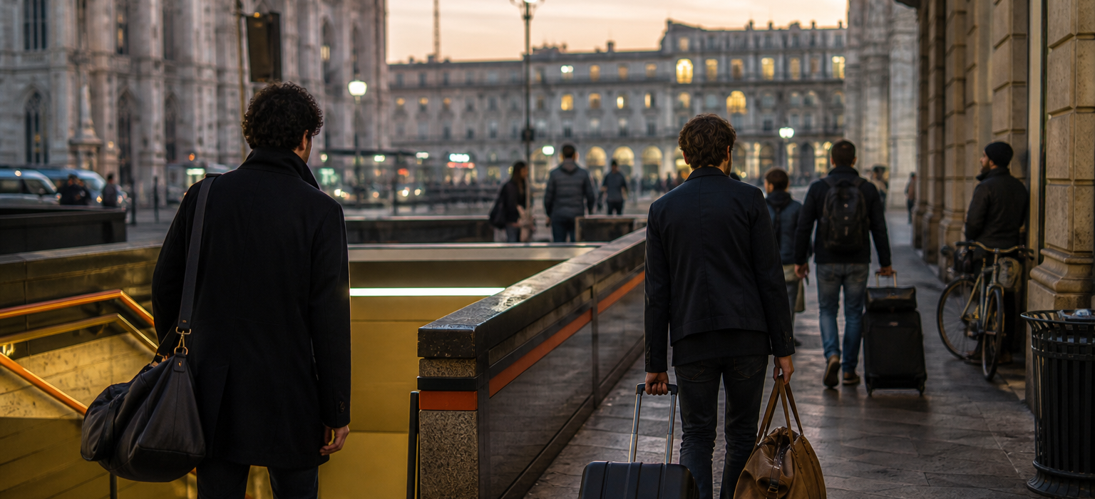 Milan hotel street near metro with football weekend travellers and light luggage