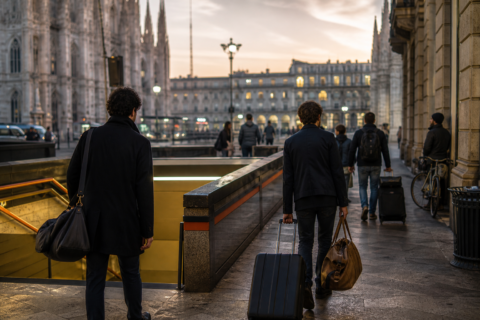 Milan hotel street near metro with football weekend travellers and light luggage