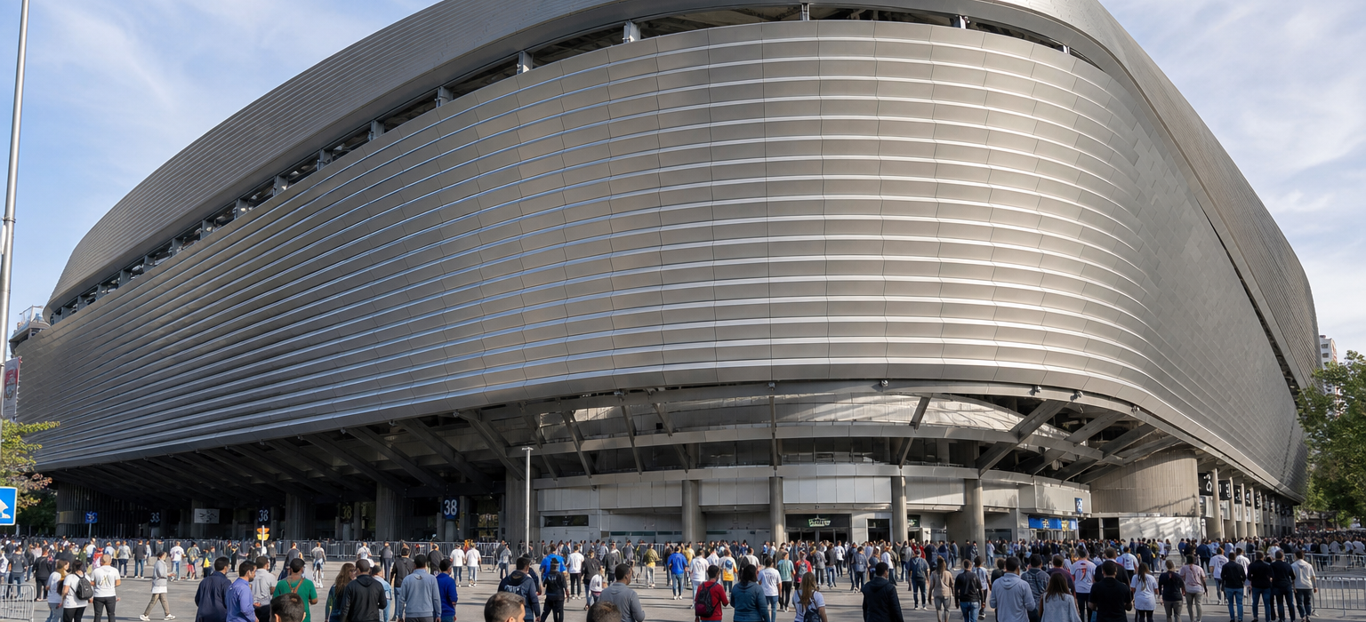 Santiago Bernabéu stadium exterior on a Real Madrid match night