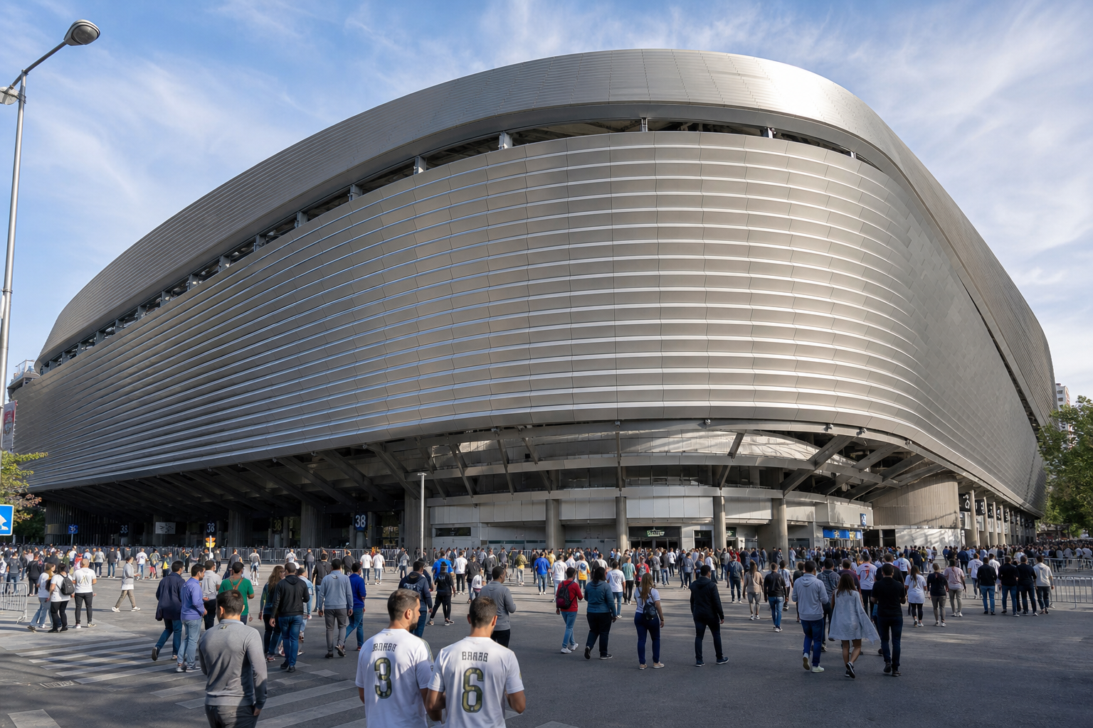 Santiago Bernabéu stadium exterior on a Real Madrid match night