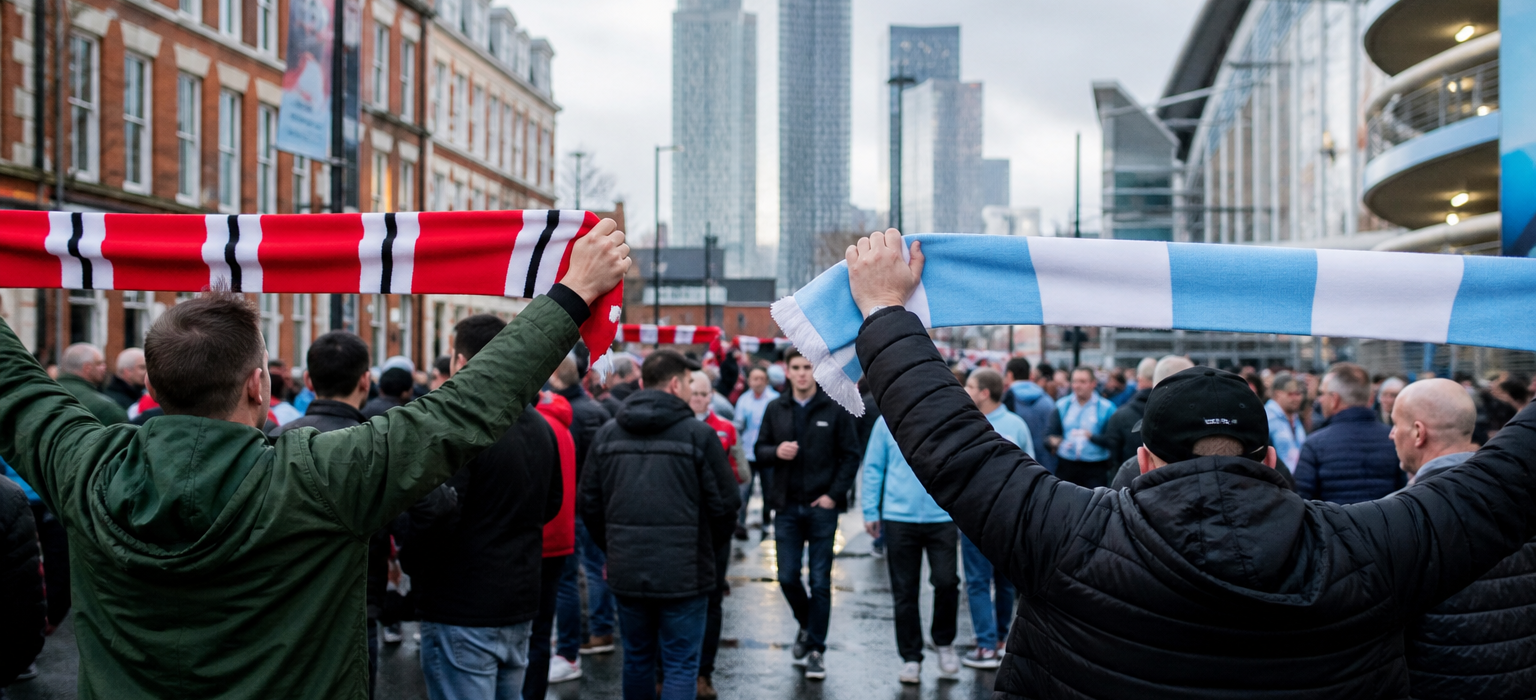 Red and blue scarves showing Manchester derby rivalry atmosphere in the city